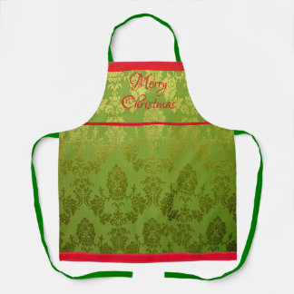 Tablier  Green Faux Brocade Red Trim Holiday Apron