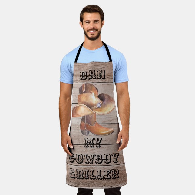 Tablier Griller grand cowboy Apron sur bois (personnalisé) (Porté)