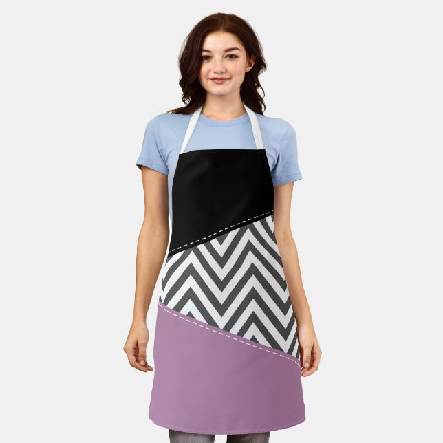 Tablier Gris Zigzag, Gris Chevron, Motif Zigzag, Violet (Porté)