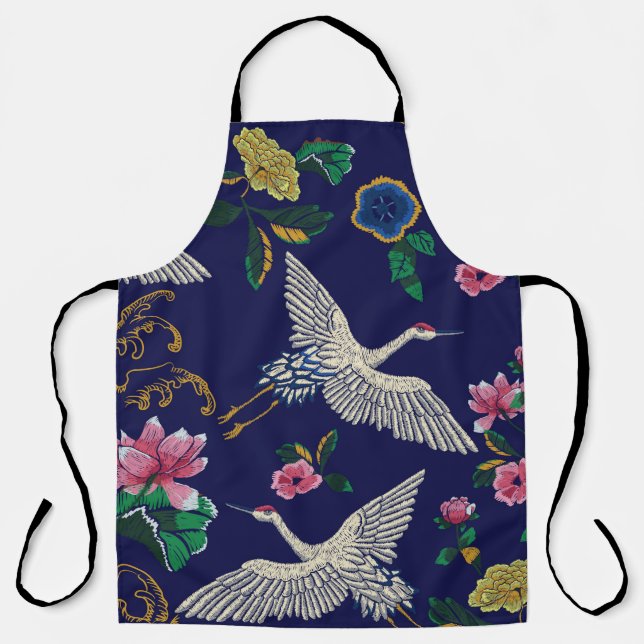 Tablier Grues japonaises, vagues et fleurs. Broderie (Recto)