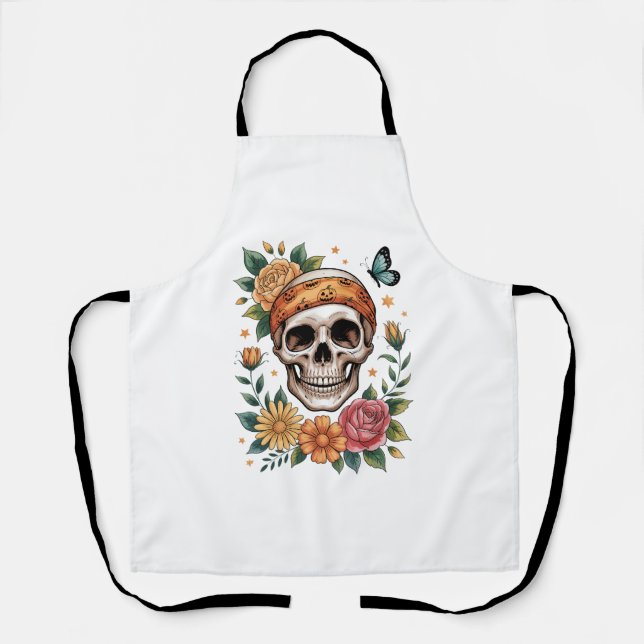 Tablier Halloween floral crâne Éffrayant (Recto)
