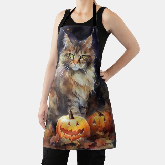 Tablier Halloween Maine Coon Chat Avec Crainte Citrouille (Insitu)