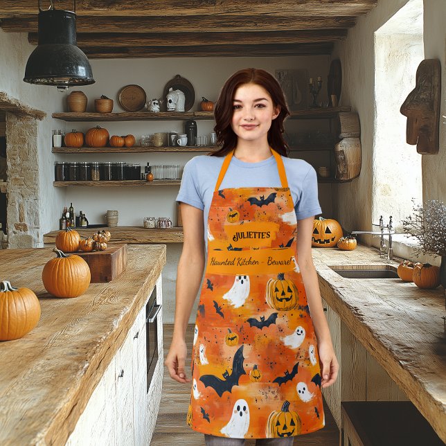 Tablier Halloween orange avec Fantômes, Citrouilles et cha (Créateur téléchargé)