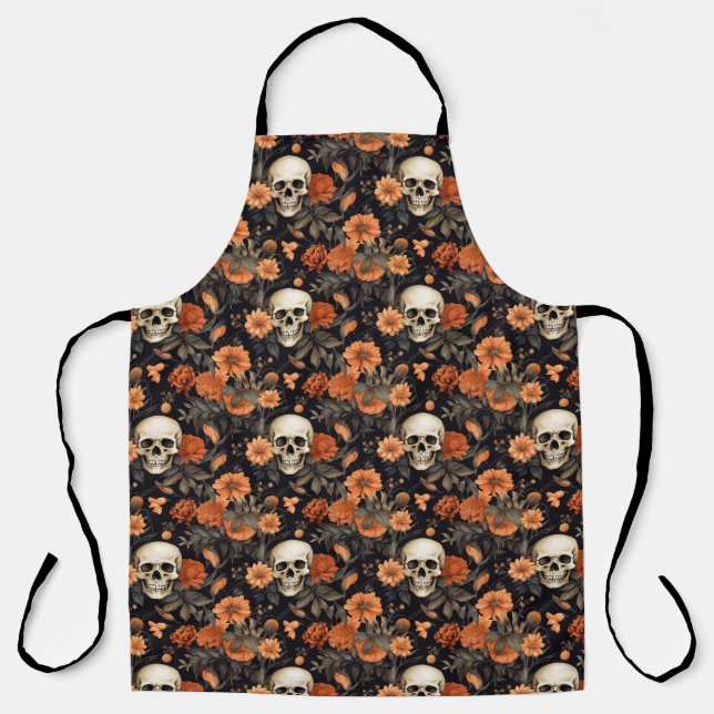 Tablier Halloween Skuls et Florals Éffrayant Fun Motif (Recto)