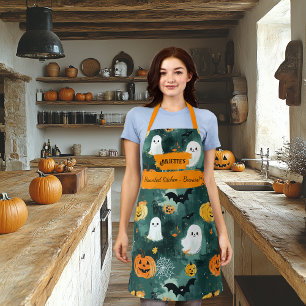 Tablier Halloween vert foncé avec Fantômes, Citrouilles, c