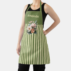 Tablier Haut vert d'olive avec bandes beiges Floral