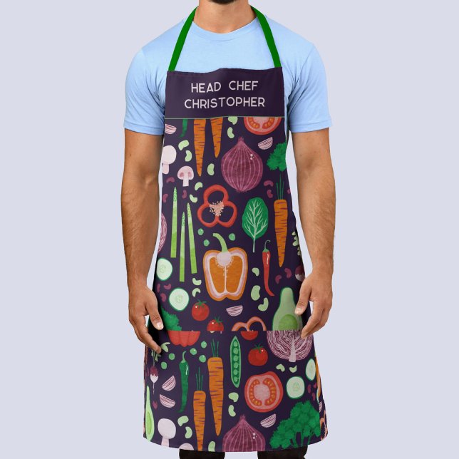 Tablier Head Chef Personalized Modern Vegetable Pattern (Personalized head chef custom name vegetable pattern apron for a cook or grill master dad)