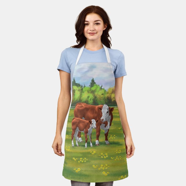 Tablier Hereford Cow & Cute Calf dans les pâturages d'été (Porté)