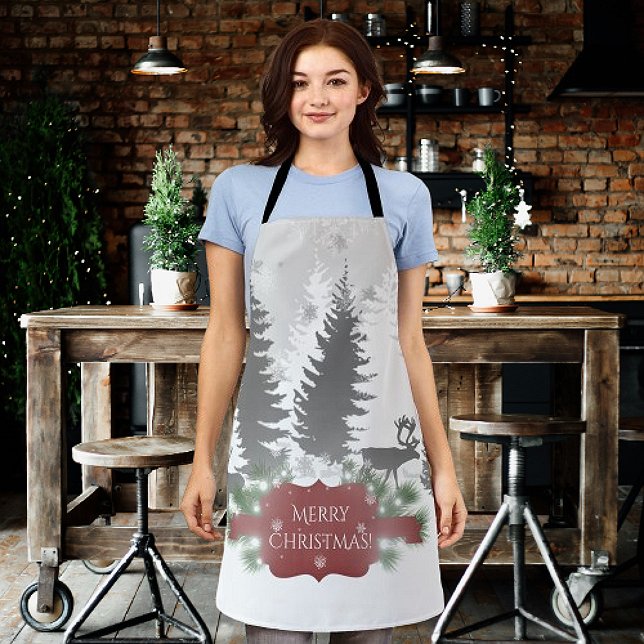 Tablier Hiver Wonderland Tout-En-Plan Imprimé - Rouge (Red Winter Wonderland Christmas Apron)