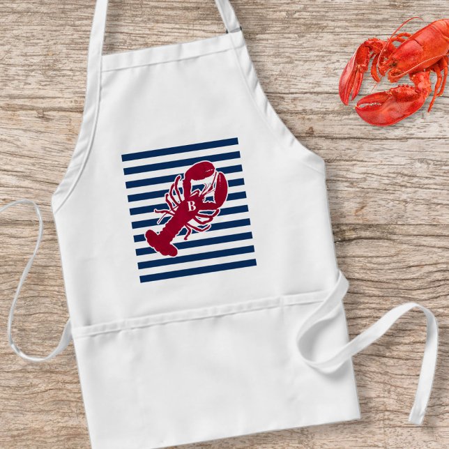 Tablier Homard rouge nautique Monogramme Bleu Bleu Blancs (Créateur téléchargé)