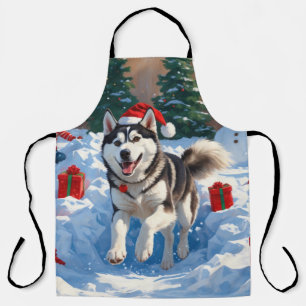 Tablier Husky sibérien courant dans la neige avec un chape