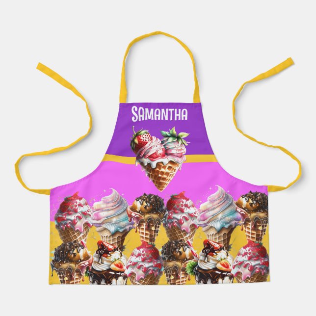 Tablier Ice crème gaufre cône filles rose jaune nom 3D (Recto)