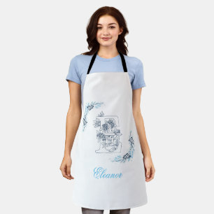 Tablier Initiale "E" Monogramme bleu Calme Floral