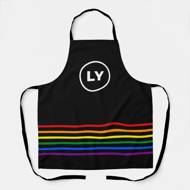 Tablier Initiales personnalisées LGBTQ Rainbow | Noir (Recto)