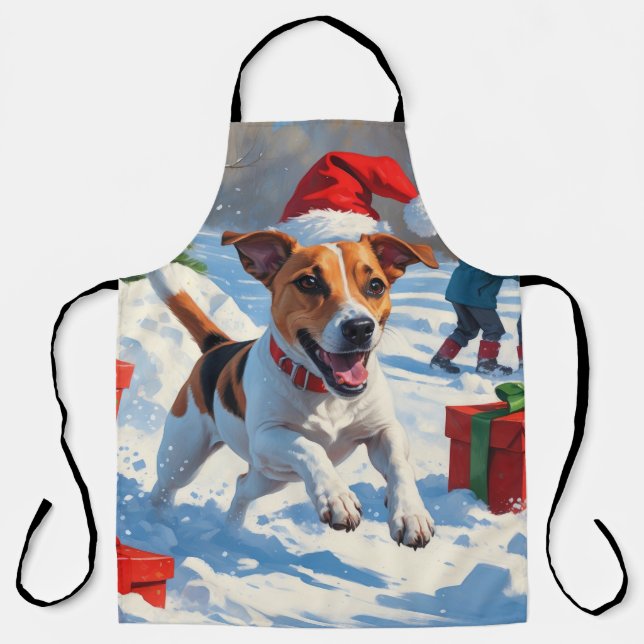 Tablier Jack Russell Courir en neige avec Casquette de Noë (Recto)