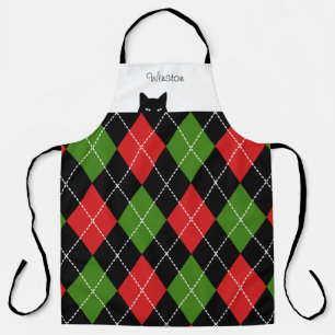Tablier Jacquard de chat sournois rouge vert noir