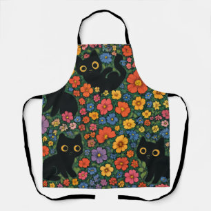 Tablier Jardin d'art Kawaii   Motif floral de chat noir mi