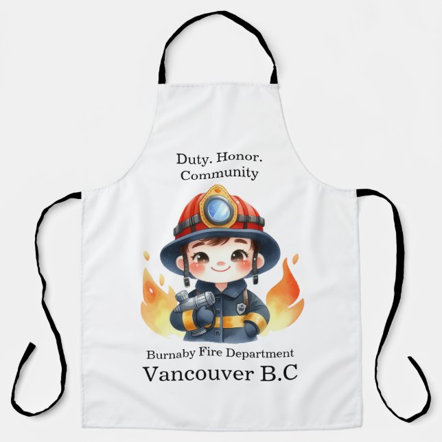 Tablier Jeune pompier joyeux prêt à se battre (Recto)
