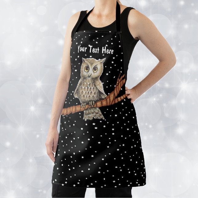 Tablier Joli Brown Yeux Golden Eyes Blue Collier Etoiles (Pretty brown owl golden eyes blue necklace on branch on black kitchen apron with white stars.)