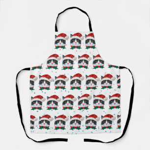 Tablier Joli chat noir et blanc avec chapeau de Père Noël