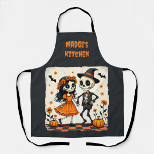 Tablier Joli couple de squelettes d'Halloween en orange