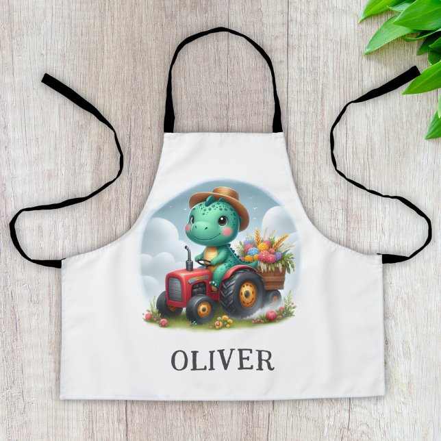 Tablier Joli dinosaure Trex conduisant un tracteur rouge  (Créateur téléchargé)