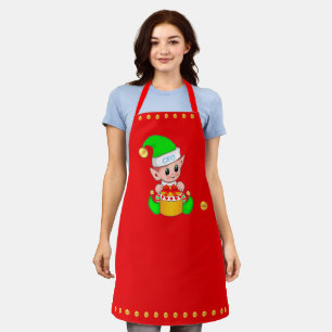 Tablier Joli elfe de Noël et Confetti d'or en rouge