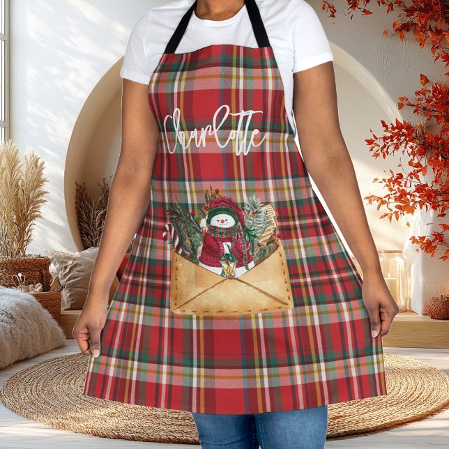Tablier Joli jeu rustique Script Noël Nom (Christmas Plaid Red Checkered Custom Apron)