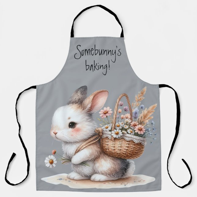 Tablier Joli lapin aux fleurs Aquarelle Art (Recto)
