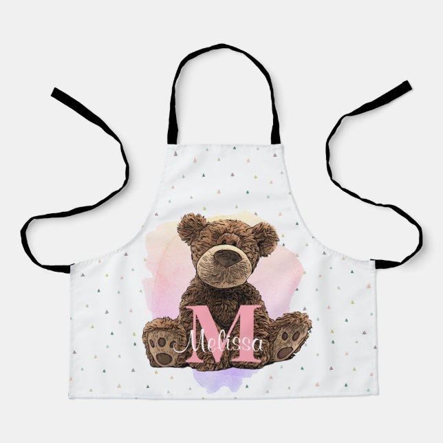 Tablier Joli Monogramme Aquarelle Nom Ours en Teddy Rose (Recto)