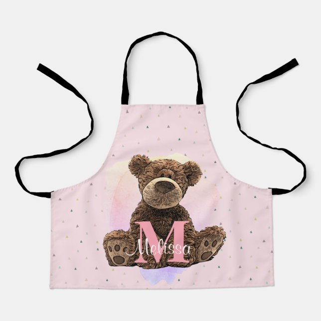 Tablier Joli Monogramme Aquarelle Nom Ours en Teddy Rose (Recto)