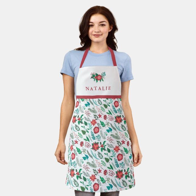 Tablier Joli Noël Floral Nom du motif blanc femmes (Porté)