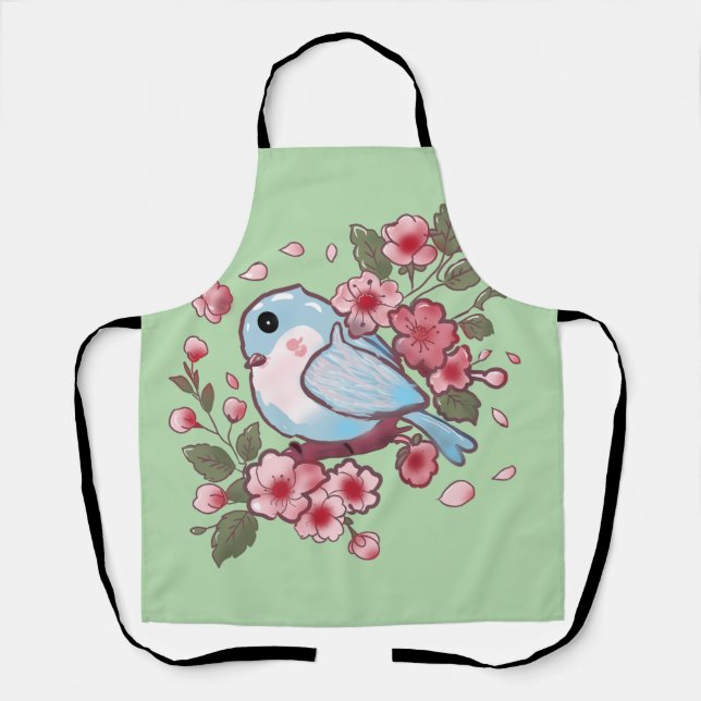 Tablier Joli oiseau bleu de printemps et aquarelle de fleu (Recto)