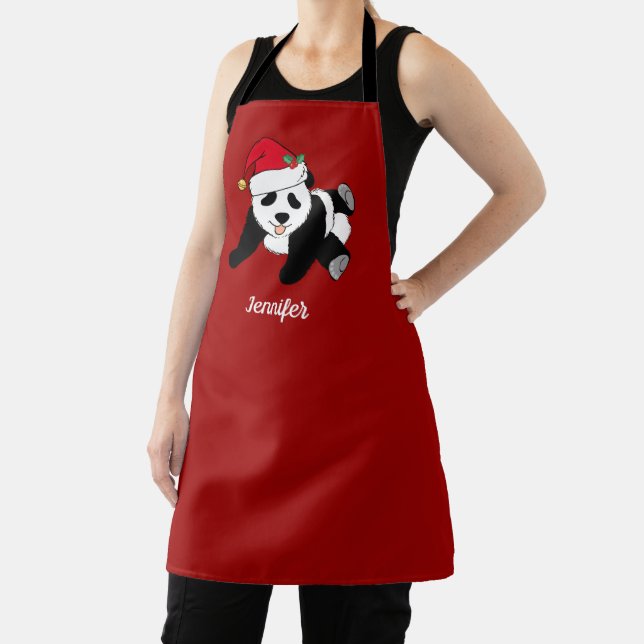 Tablier Joli Ours Panda Noël Personnalisé Rouge (Insitu)
