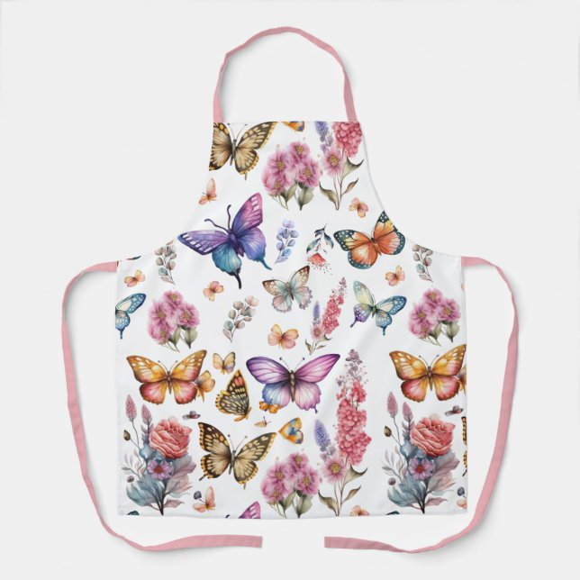 Tablier Joli papillon d'aquarelle Motif de jardin fleuri (Recto)