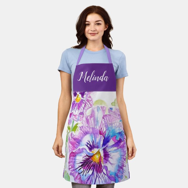 Tablier Joli Pastel Floral Pansy Purple Womans Apron (Porté)