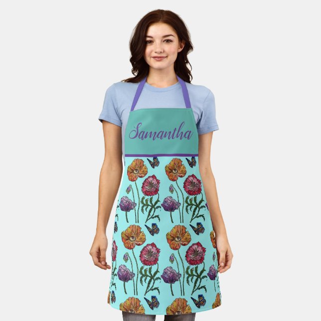 Tablier Joli Pastel Floral Poppy Aqua Womans Art Apron (Porté)