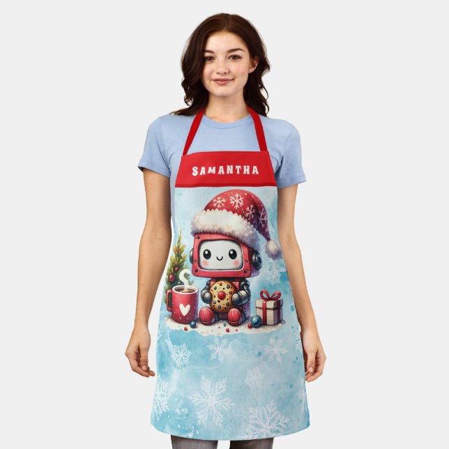 Tablier Joli robot Monogrammé Bleu et Rouge Noël (Porté)