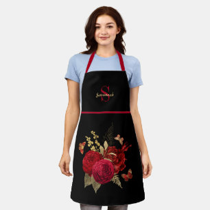 Tablier Joli Rose d'or rouge papillon Monogramme
