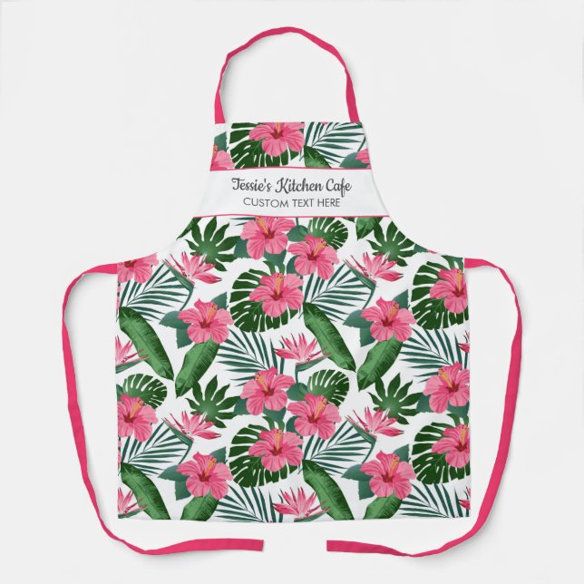Tablier Joli rose Fleurs tropicales Nom personnalisé Texte (Recto)