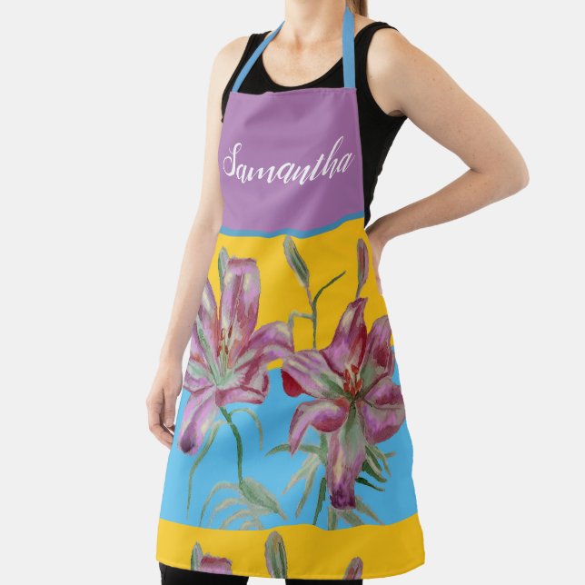 Tablier Joli rose Lily Aquarelle Cuisine Floral Apron (Insitu)