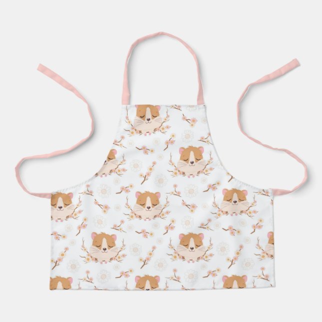 Tablier Joli visage Hamster et Motif de fleurs roses (Recto)