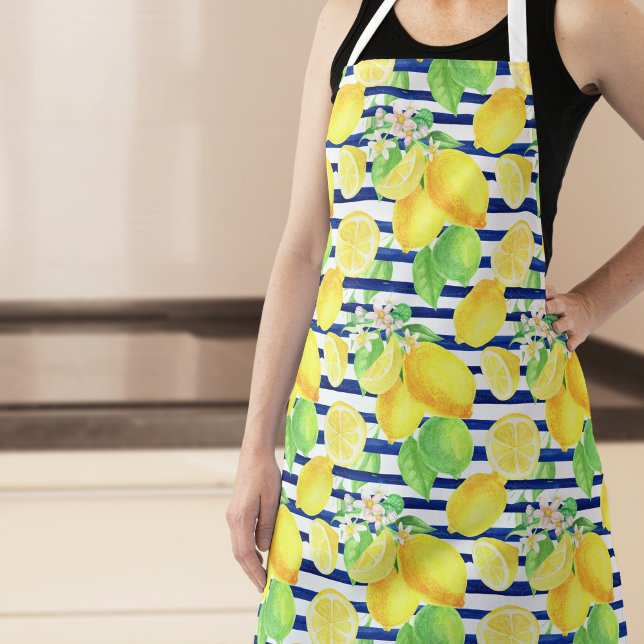 Tablier Jolie aquarelle citrons sur bandes bleues Cuisine (Créateur téléchargé)