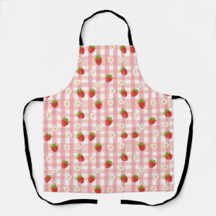 Tablier Jolie fraise et fleurs sur un vichy rose