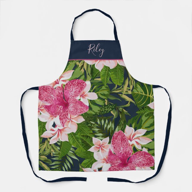 Tablier Jolie impression florale tropicale avec nom (Recto)