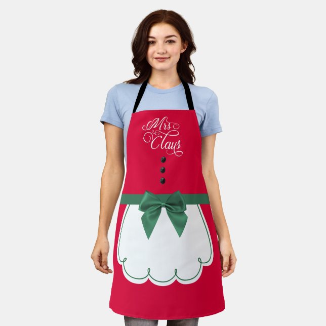 Tablier Jolie Mme Claus Red Green Bow White Fake Apron  (Porté)