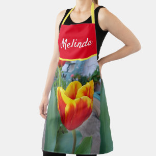 Tablier Jolie Tulipe Florale Rouge Jaune Femme Apron
