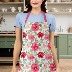 Tablier Jolies Roses À L'aquarelle Rose Et Rouge Floral