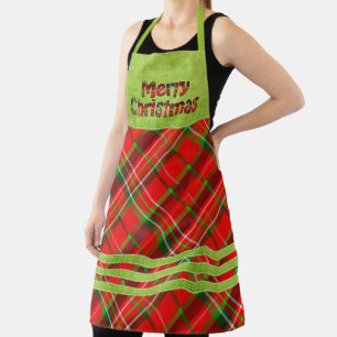 Tablier Joyeuse typographie de Noël Tartan Rouge Vert Plai