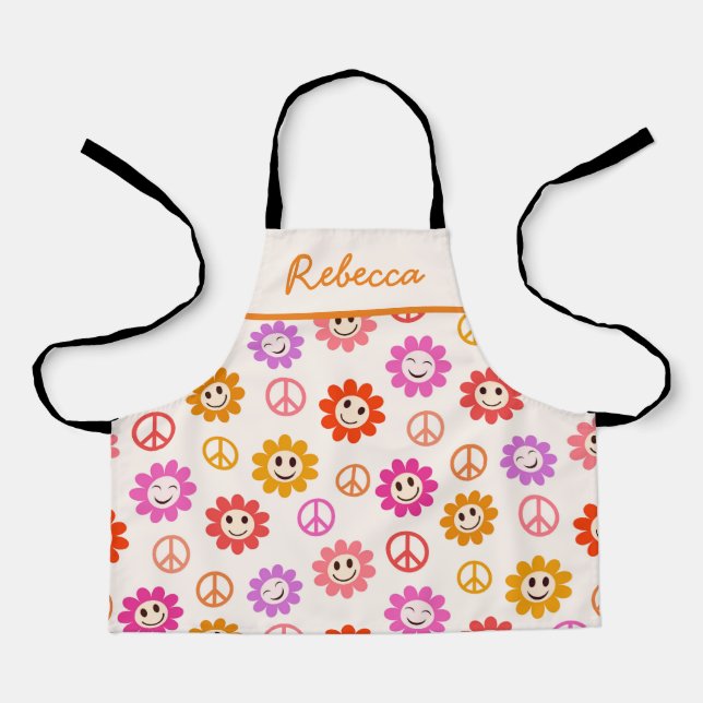 Tablier Joyeuses Fleurs souriantes avec des signes de paix (Recto)